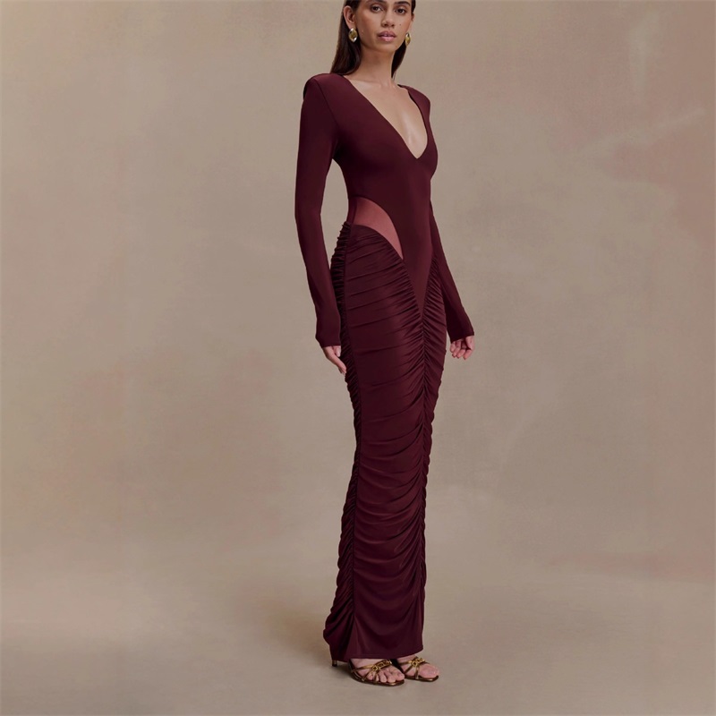 Formal Wear Gowns For Women - ชุดราตรีสีดำเบอร์กันดีสำหรับผู้หญิง คอวี แขนยาว เซ็กซี่ หรูหรา แต่งระบายยาว