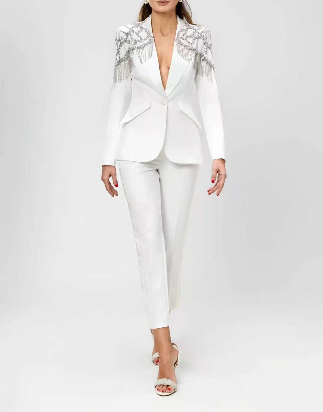 Women'S Formal Wear Wedding Guest - ชุดสูทผู้หญิงประดับคริสตัล 2 ชิ้น เสื้อเบลเซอร์+กางเกงขายาว ผ้าฝ้ายสำหรับฤดูใบไม้ผลิ ชุดทักซิโด้สำหรับงานแต่งงาน