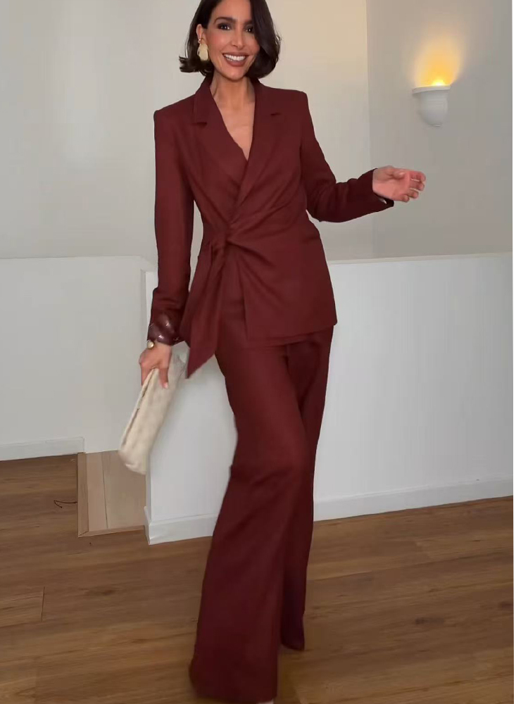 Women'S Formal Wear Pants - ชุดสูทแฟชั่นสำหรับสุภาพสตรี เสื้อเบลเซอร์ทรงเข้ารูป แต่งเชือกผูก พร้อมกางเกงขายาวทรงตรง สไตล์หรูหรา เหมาะสำหรับใส่ทำงาน
