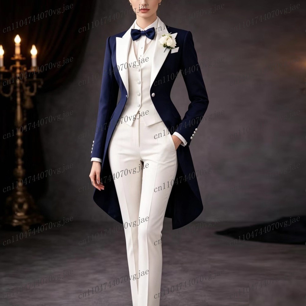 Women'S Formal Wear Pants - ชุดสูทผู้หญิงสีน้ำเงินกรมท่าและสีขาวแบบยาว สำหรับงานพิธีการ งานแต่งงาน งานพรอม ชุดทักซิโด้สำหรับคุณแม่และเด็กผู้หญิง ชุด