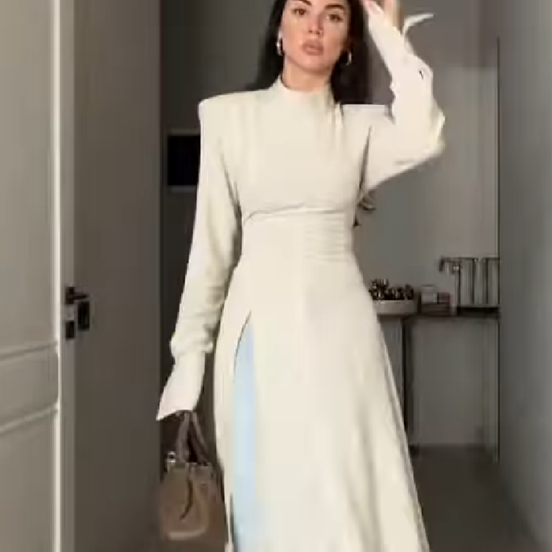 Women Formal Wear Office - เดรสยาวคอสูงแขนยาวสำหรับผู้หญิง ดีไซน์หรูหรา ช่วยกระชับสัดส่วน พร้อมชายกระโปรงผ่า เหมาะสำหรับออกเดท งานเลี้ยงกลางคืน