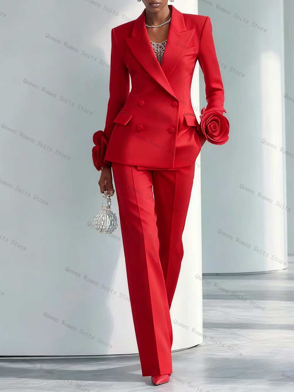 Women'S Formal Wear Wedding Guest - ชุดสูทผู้หญิงสีแดงสุดหรู 2 ชิ้น เสื้อเบลเซอร์+กางเกงขายาว ลายดอกไม้ 3