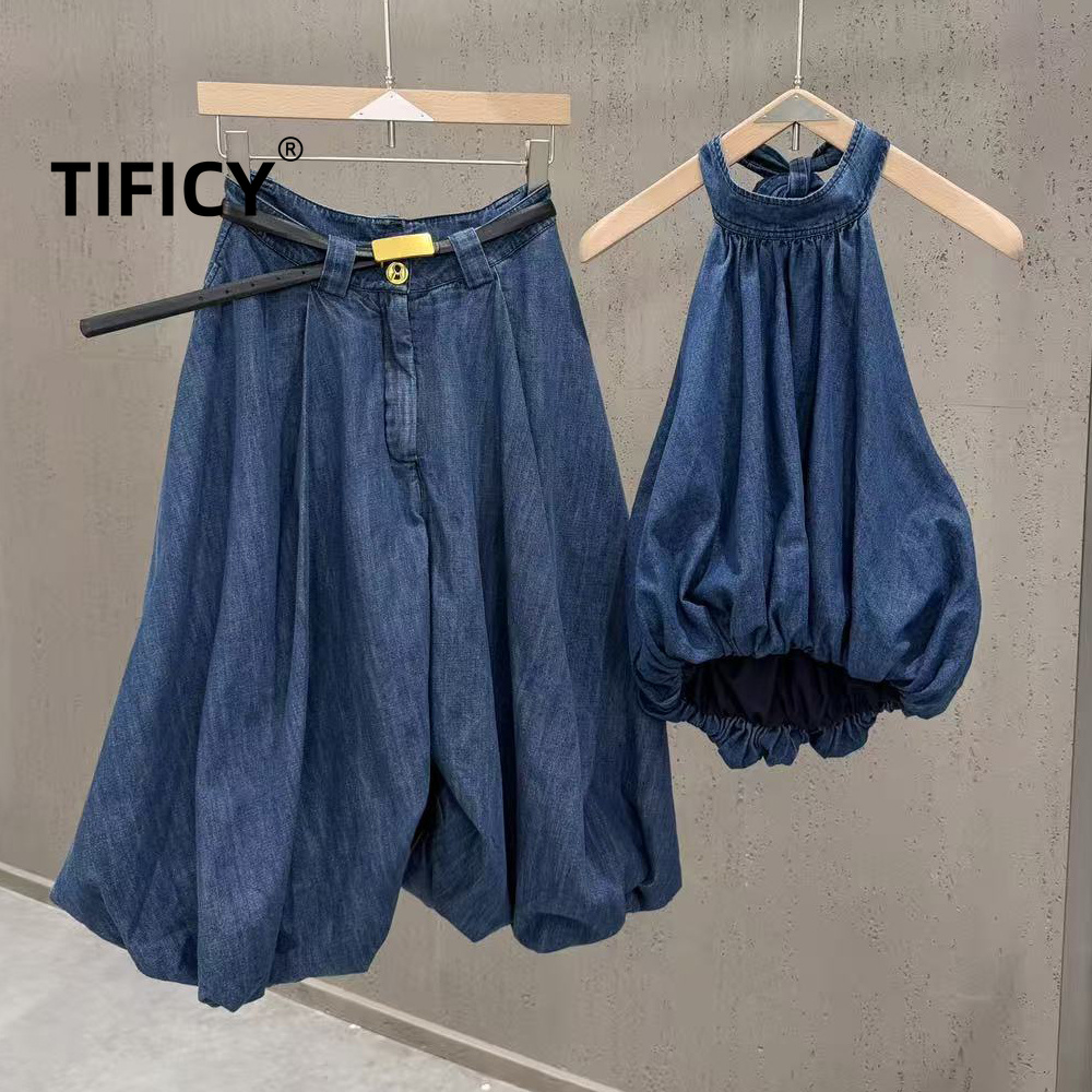 Women'S Formal Wear Pants - ชุดยีนส์ไฮสตรีท 2 ชิ้นสำหรับผู้หญิง เสื้อสายเดี่ยวแบบคล้องคอเปิดหลัง + กางเกงยีนส์ทรงบานขา