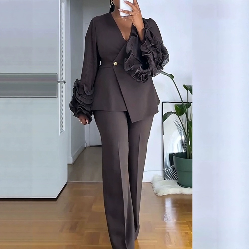 Women'S Formal Wear Pants - ชุดสูทกางเกง 2 ชิ้นสำหรับผู้หญิง เสื้อเบลเซอร์แขนยาวระบายทรงวีลึก กางเกงขายาวเอวสูงทรงตรง ชุดทำงานสุดหรู