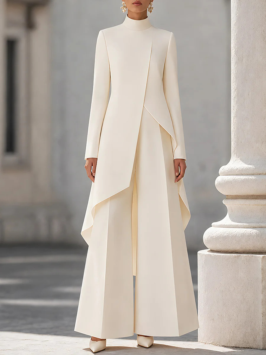 Women'S Formal Wear Pants - ชุดเซ็ตผู้หญิงสองชิ้น เสื้อคอเต่าแขนยาวชายเสื้อไม่สมมาตร กางเกงขายาวเอวสูงทรงขากว้าง ชุดสูททางการ