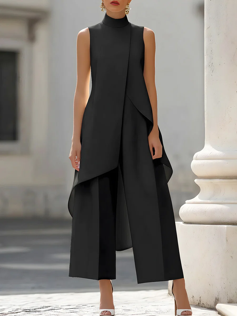Women'S Formal Wear Pants - จั๊มสูทแขนกุดคอสูงแบบอสมมาตร แต่งผ้าซ้อนทับ กางเกงขายาวทรง Palazzo สง่างาม เหมาะสำหรับงานเลี้ยงตอนเย็นสำหรับผู้หญิง