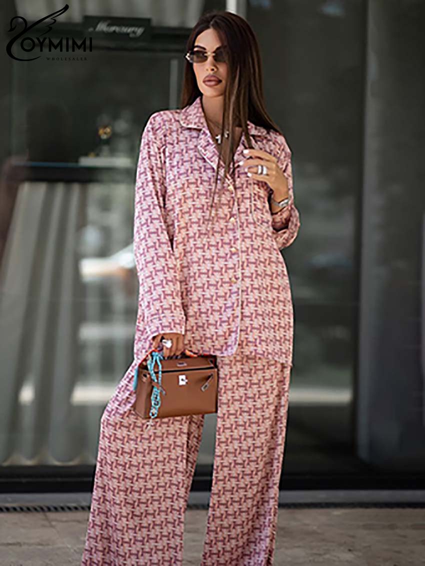 Women'S Formal Wear Pants - Oymimi แฟชั่นสีชมพูพิมพ์ผู้หญิง 2 ชิ้นชุดชุดแขนยาวกระเป๋าปุ่มเสื้อ + เอวสูงตรงกางเกงชุด