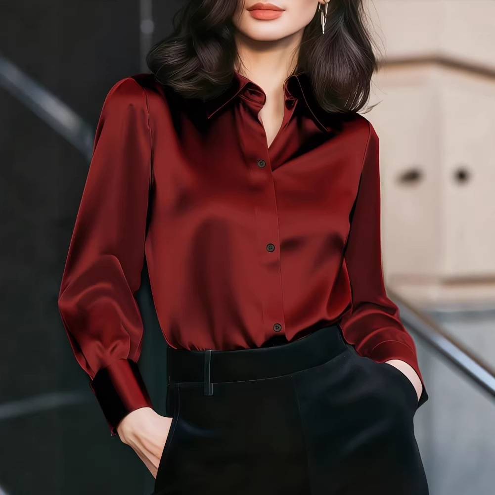Women Formal Wear Office - เสื้อผู้หญิงคอปกผ้าซาติน กระดุมด้านหน้า แขนยาว ปลายแขนพับได้ ดีไซน์หรูหรา เหมาะสำหรับใส่ทำงานหรือในชีวิตประจำวัน