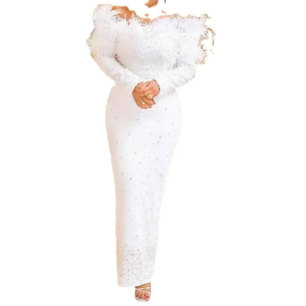 ชุดเดรสสีขาวประดับขนนกสำหรับงา - Formal Wear Gowns For Women บทวิจารณ์และราคา