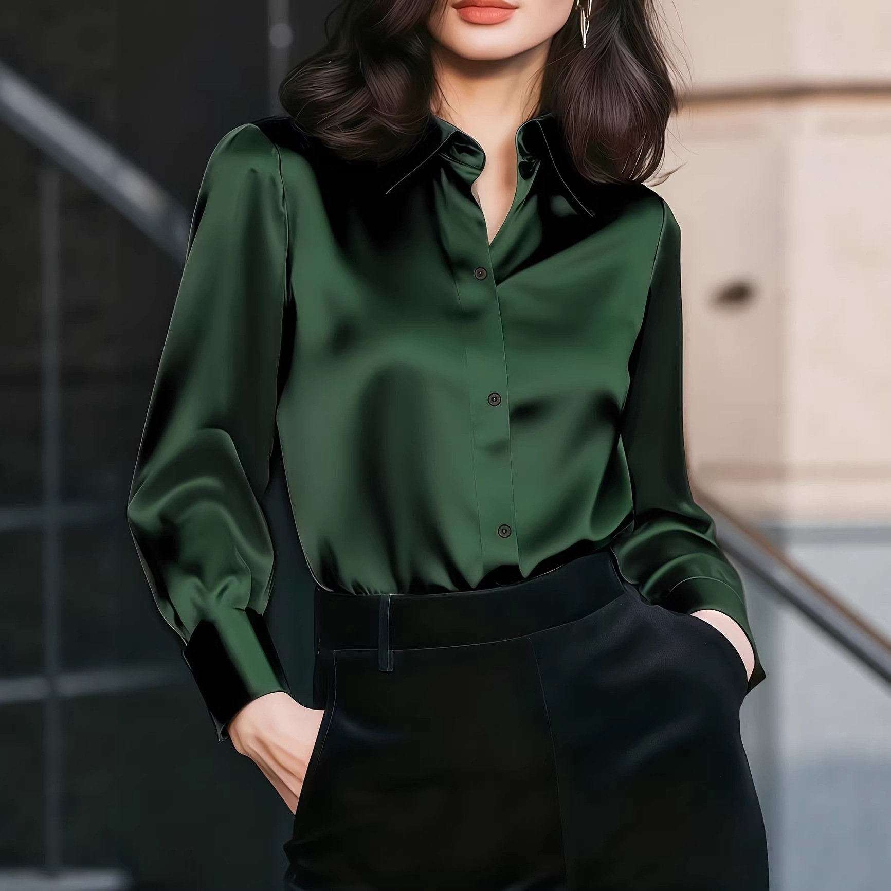 เสื้อผู้หญิงคอปกผ้าซาติน กระดุ - Women Formal Wear Office บทวิจารณ์และราคา